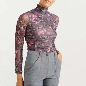 Cinq a sept Floral Mesh Long Sleeve Top